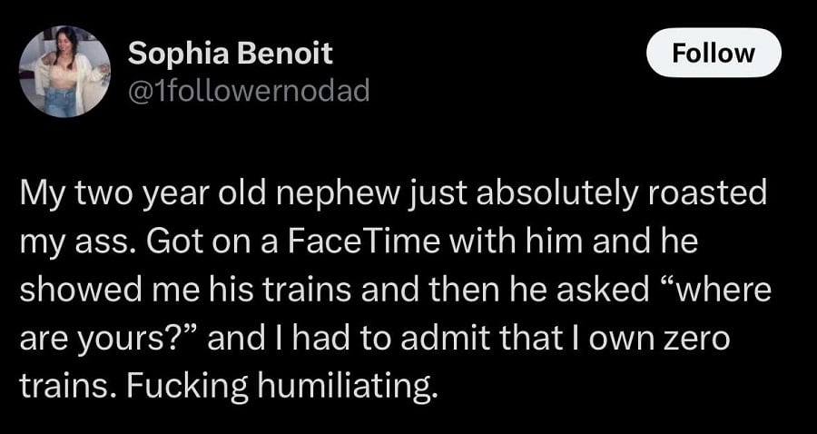 Twitter screenshot. @1followernodad: My two year old nephew just absolutely roasted my ass. Got on a FaceTime with him and he showed me his trains and then he asked "where are yours?" and I had to admit that I own zero trains. Fucking humiliating.