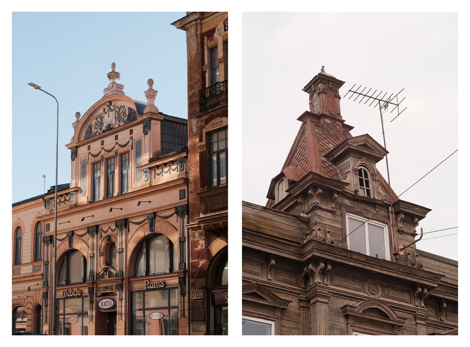 A collage of 2 photographs, one shows the facade of a renovated Art Nouveu building, the other a closeup of a decorative wooden tower from the same era, but broken and run down.