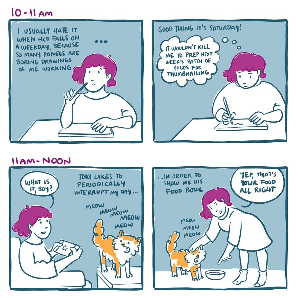 Panel 1: 10-11 AM, Sarah drawing. Caption: