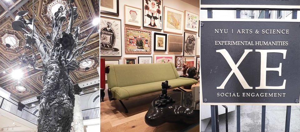 3 digital instax images: left, a view from below Nick Cave's large bronze sculpture of a man made of branches & flora; center, a display of art collected by KAWS, behind a green sofa; right, a placard for NYU's Experimental Humanities dept., with a large XE