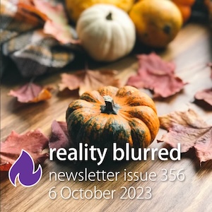 A small pumpkin and other gourds on a wood table with some dry fall leaves, and the words 'reality blurred newsletter issue 356, 6 October 2023'
