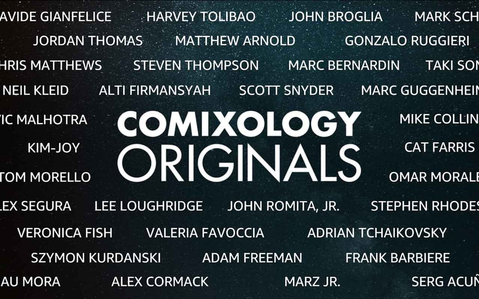 the comixology originals logo in white against black, with a bunch of author names in white around it, including neil kleid's