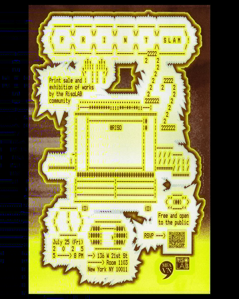 a poster for print slam 22 @ the risolab, in brown, bright lime, and cool gray, featuring ASCII text art of a risograph printer, a pair of hands, eyes, a clock, and a door