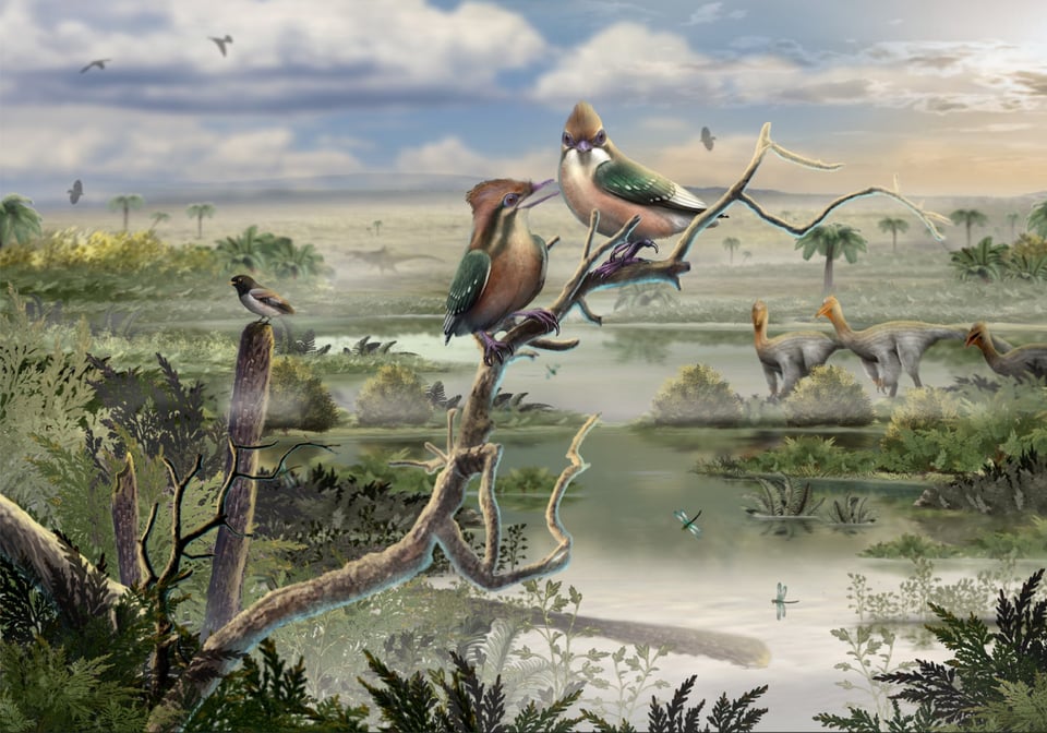 A pair of toothed birds - with green wing feathers, tan and cream below, a feathery crest like a cedar waxwing, both sitting on a branch and one nibbling at the other. Dinosaurs are visible in the background among the lowlands.
