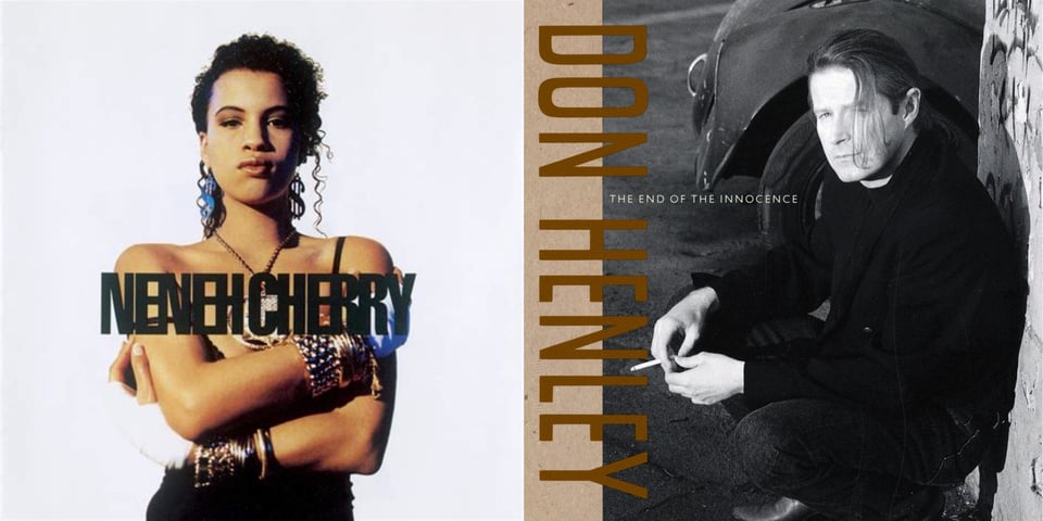 First pic: A color photograph of a young Black woman with her hair pulled back, her arms crossed, and wearing loads of bracelets and a very large medallion. She has a very.. angry? disappointed? smug? look on her face. It's very intense, regardless. The background is blank white. Second pic: A black and white photo of a white man kneeling up against a wall. He's wearing a dark jacket, black jeans and boots. He looks at the camera. A cigarette dangles from his fingers. He has long hair that has been pulled back, but long strands of it fall over his right eye. He looks extremely douchey, like the personifcation of "mansplain."