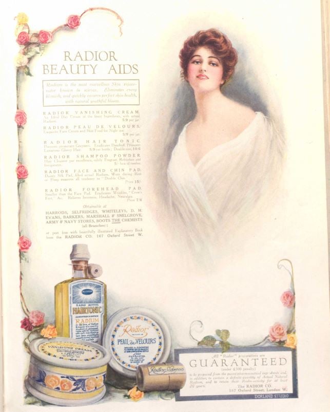 Photograph of a page ripped from a magazine. Image shows a woman in the top right corner dressed in white translucent material. Next to her is a list of Radior Beauty Aids products and illustrations of a few of these are in the bottom corner.