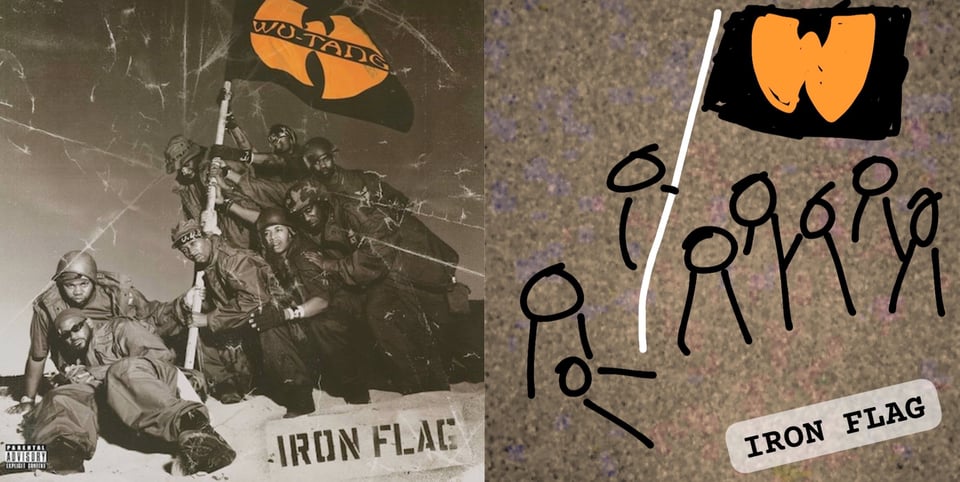 A distressed, black and white photo of the Wu-Tang Clan, eight Black men in military-style outfits. They are in the midst of planting a flag that has the Wu-Tang Clan logo (which is in color, orange and black). I'm pretty sure the idea is to reference the famous photo of soldiers raising the flag at Iwo Jima.