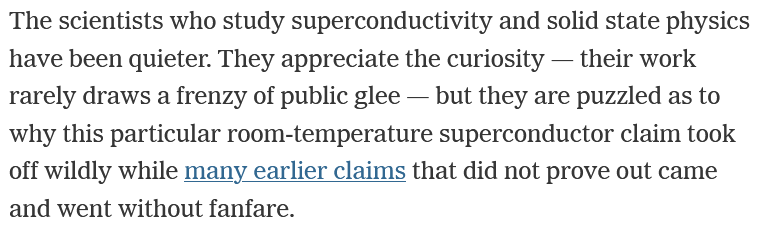 Screenshot of the NY Times article with condensed matter scientists expressing confusion at how widespread the story is