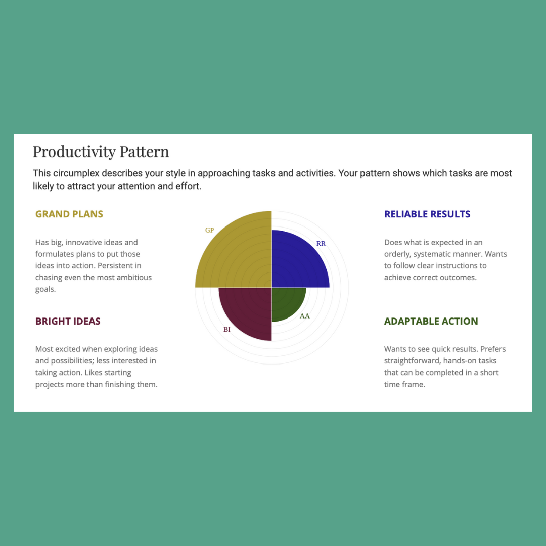 A pie chart of my personality test. There are four types of productivity patterns: grand plans, bright ideas, reliable results, and adaptable actions. The grand plans pie piece is the biggest, and FULL. 