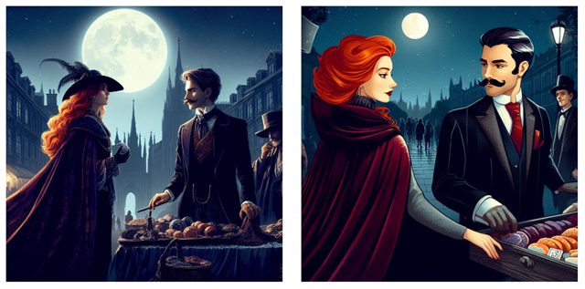 Beautifully drawn paintings of a man and woman on a magical-looking street.
