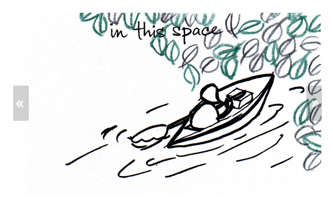 comic of a young woman rowing a small boat into the leaves taking over the top right corner of the image
