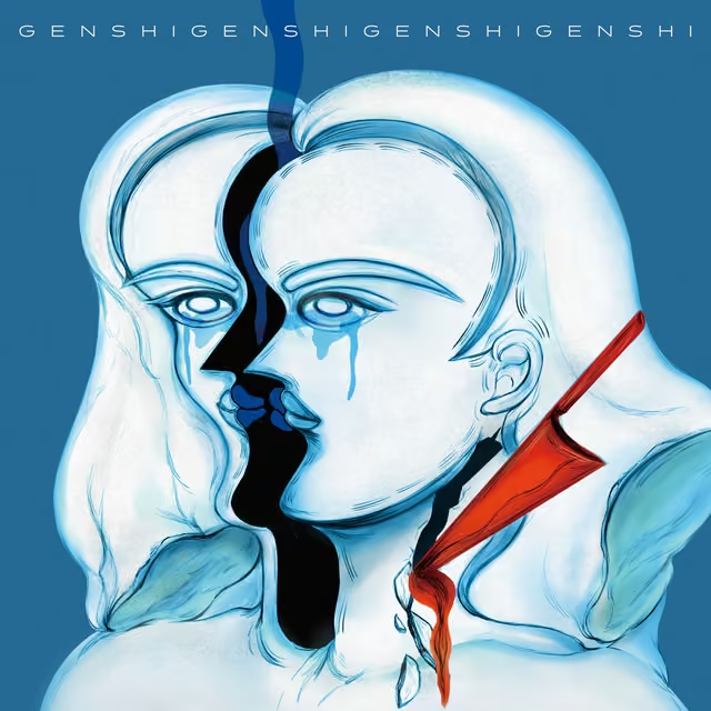 The cover of Ganshi. A stylized digital illustration on a blue background showing two pale, overlapping faces in profile and three-quarter view, rendered in white and pale blue with sketchy dark outlines; the front face has a teardrop trailing from one eye, a black shadow separates the two heads, and a bold red lightning-bolt shape cuts across the neck and shoulder, with the repeated text "GENSHI" running across the top edge.