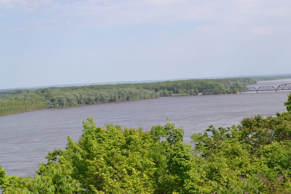 A view of a tree-lined river from an overlook