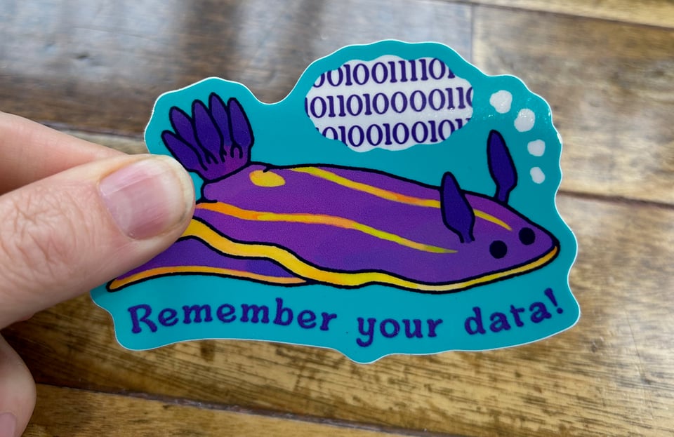 purple nudibranch on a sticker that says "remember your data"