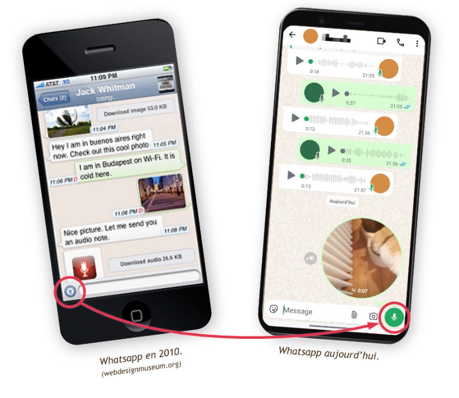 Un écran whatsapp de 2010 avec du texte et des images importés et un écran whatsapp d'aujourd'hui avec beaucoup de vocaux.