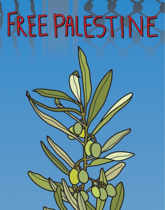 an olive tree with the words free palestine