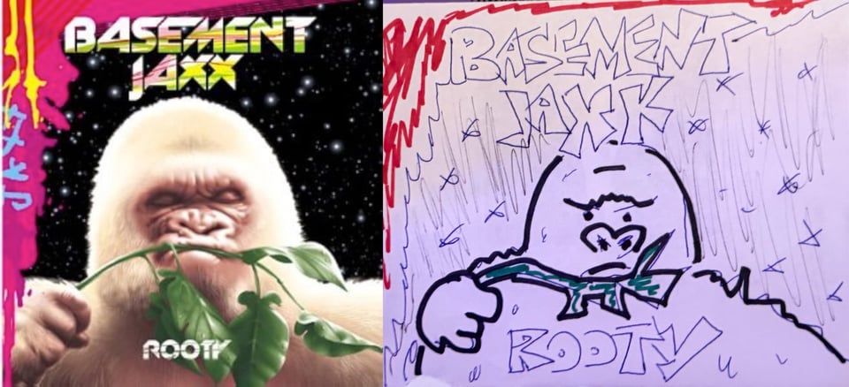 Close up of a white-haired gorilla, holding a green stem with green leaves, the stem part against its lips horizontally. Its eyes are closed and has a kind of disappointed, unimpressed look on its face. The background is a starfield. On the upper left side, pink and yellow drip down the side of the image like paint.