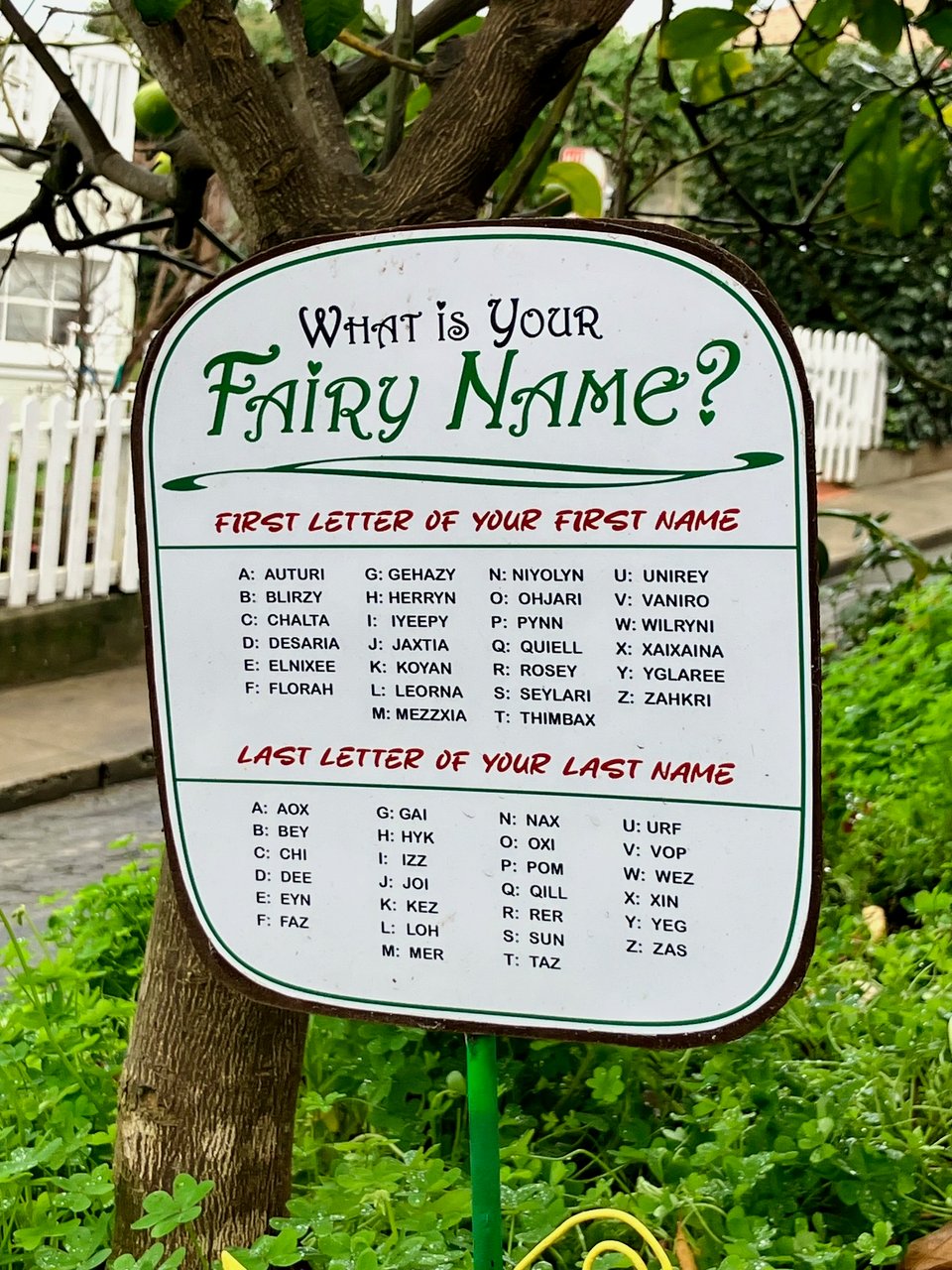 A street sign that asks viewers to figure out their "fairy name"