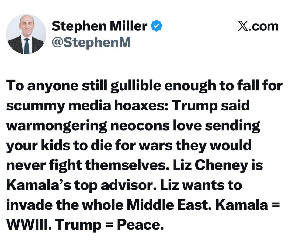 Stephen Miller on Kamala as a warmonger.