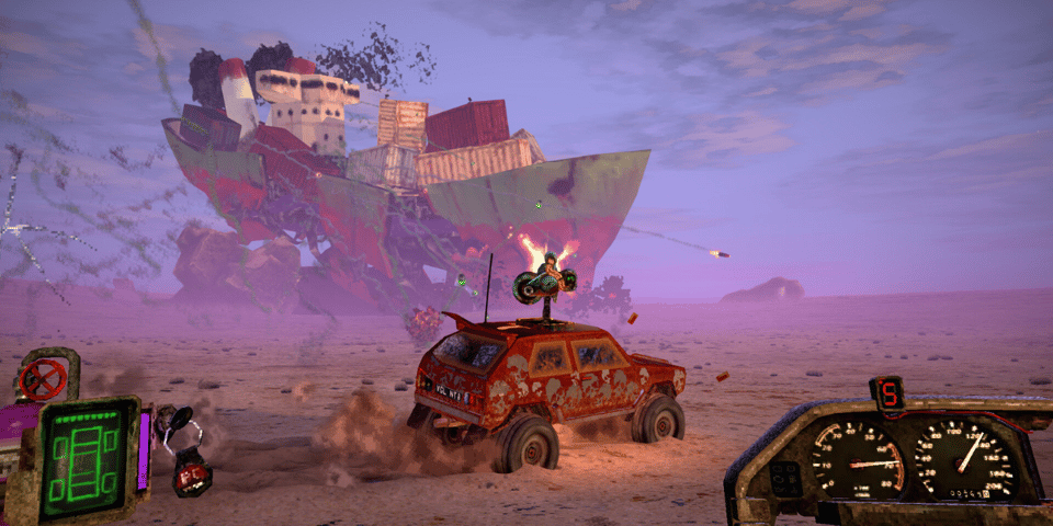 A car takes on a giant land ship.