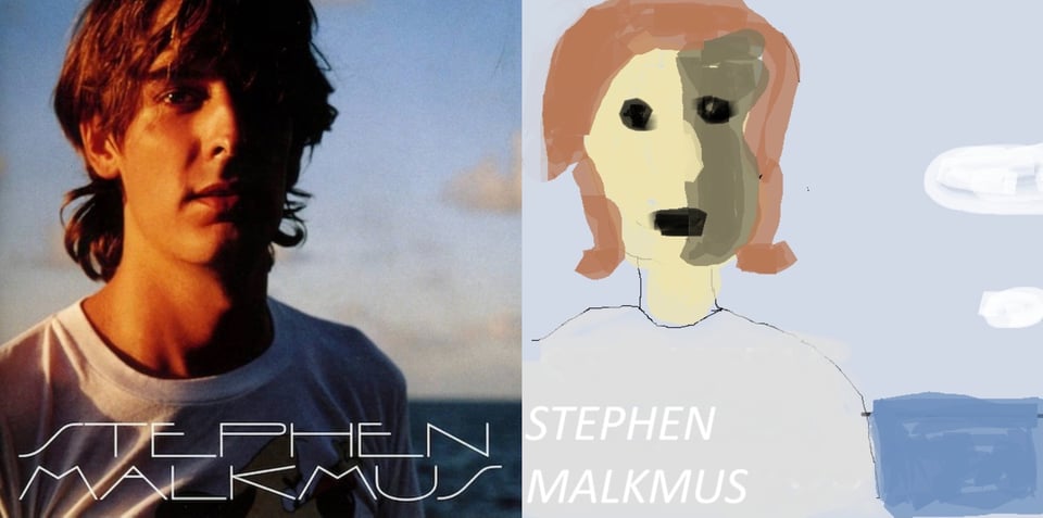 A color photograph close up of Stephen Malkmus, a young white man with shaggy brown hair. He wears a white T shirt. Sunlight hits his face from the left, throwing the right side in shadow. Behind him is a body of water, blue sky, clouds. It feels like sunset.