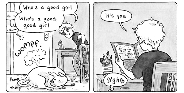 Dane reminds his dog Heppy that she's a good, good girl. Heppy sighs with happiness.