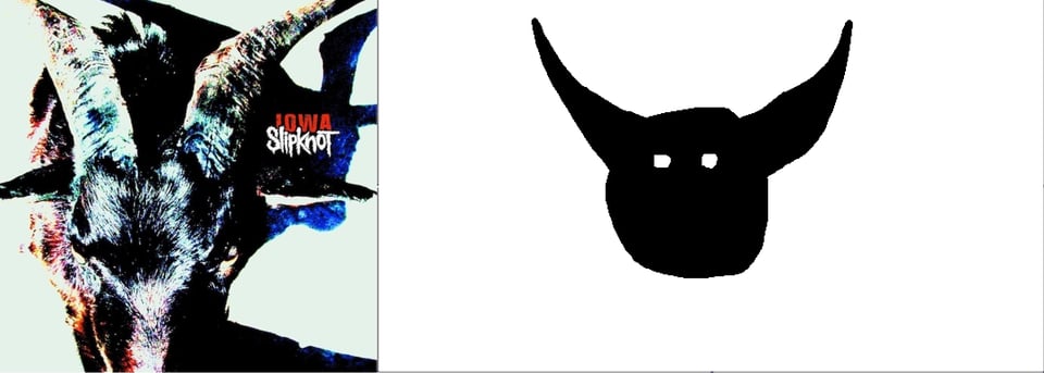 A color photograph of a close up of a goat, its head pointed downwards so its horns take up most of the image. The goat is black, but the lighting on it is harsh and turns a lot of the highlights whitre. Upon this other colors are projected onto its fur: pink, orange, dark blue. Despite the color, there is a definite sinister, Satanic feel to the image.