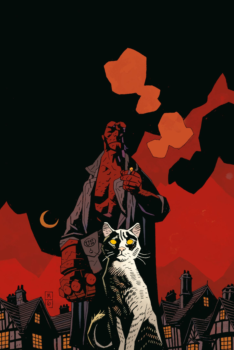Hellboy with a white cat in front of him