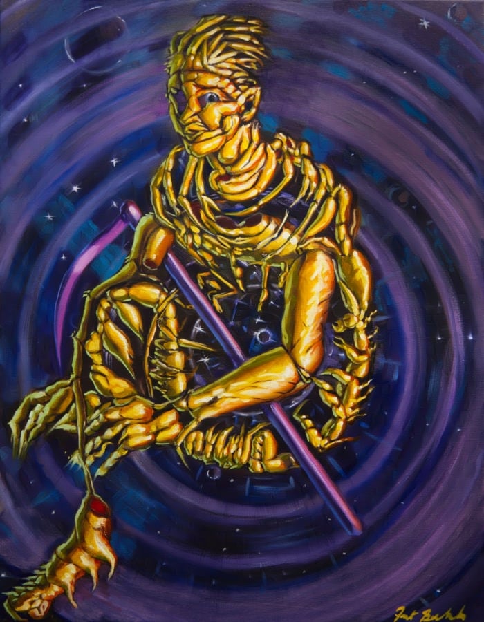 A golden arthropod-like alien coincidentally forming the shape of a seated person, floating in concentric purple circles in blue space, holding a purple scythe.