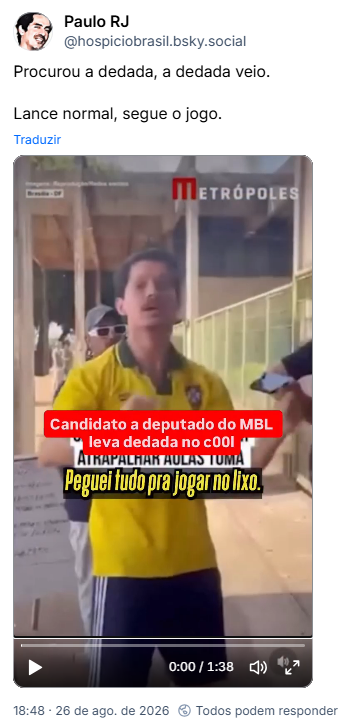 Post de Paulo RJ (@hospiciobrasil.bsky.social): Procurou a dedada, a dedada veio.
Lance normal, segue o jogo.
(post contém video dos Galãs Feios comentando sobre a dedada)
