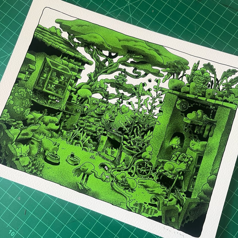 A picture of a print. The print is of a drawing of a backyard scene in which a bunch of animals are relaxing on a hot day. There are fans, hoses, water dishes, and more that someone has set up to help them out. 