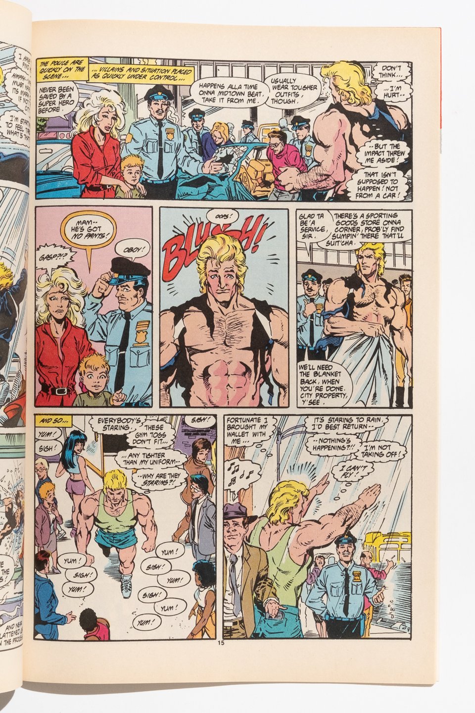 a page from Excalibur illustrated by Ron Lim. Captain Britain is walking through NYC outof costume and semi-nude. The scene is played for laughs as he tries to figure out why his powers don't work
