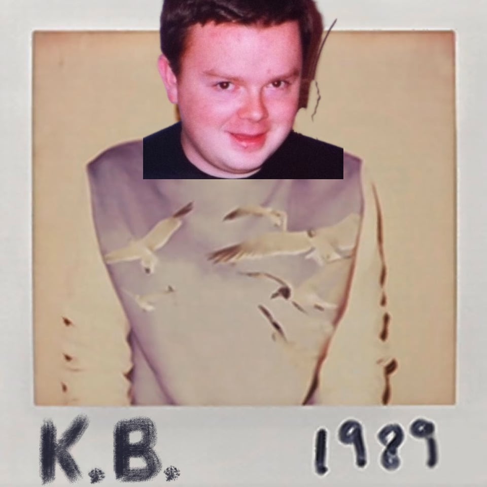 The cover of Taylor Swift’s album 1989, which is a polaroid of her with her initials (T.S.) and 1989 written on the bottom, but I’ve replaced her face with mine from 1992 (close!) and put my initials (K.B.) in place of hers.