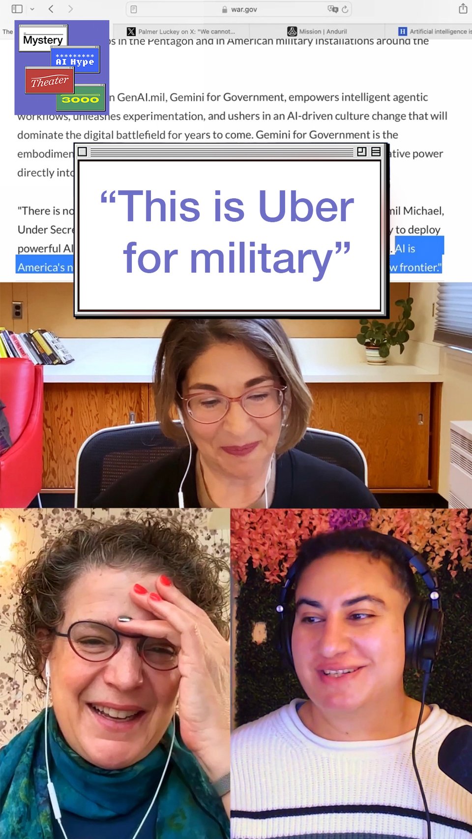 [video description] Three people are speaking with each other on a horizontally split screen. At the start, they are looking at an online article, which is shown on screen. One, Alex, is a brown trans woman with short curly black hair, wearing a white sweater, and in a room with purple and pink flowers hanging down from the ceiling. The second, Naomi Klein, is a white cis woman with brown hair, wearing a black jacket and glasses, with wooden bookshelves behind her in a brightly lit room. Emily is a white cis woman with curly brown hair, wearing glasses and a blue shirt and scarf, in a room with a floral wallpaper.