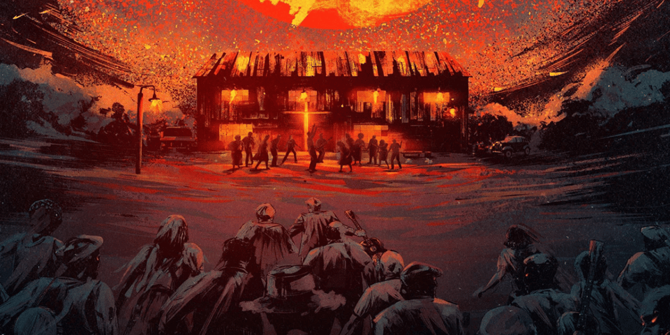 An illustration of a burning juke joint.