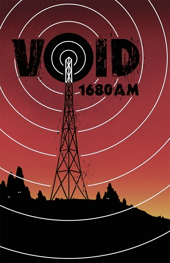The cover for "Voices in the Void," featuring the VOID 1680 AM logo and broadcasting radio tower on a lonesome hilltop against an angry red sky.