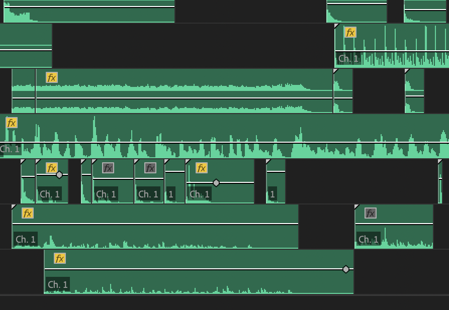 Several rows of green sound files in film editing software