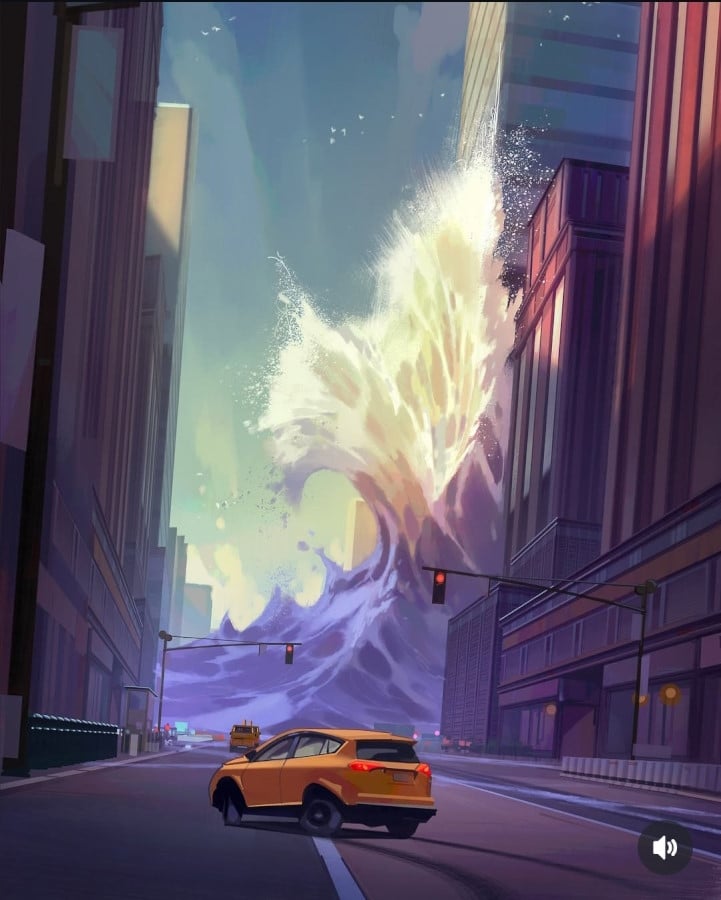 A digital painting of an orange car skidded to a stop in the middle of a city street, with a massive wave crashing into one side of the street ahead.