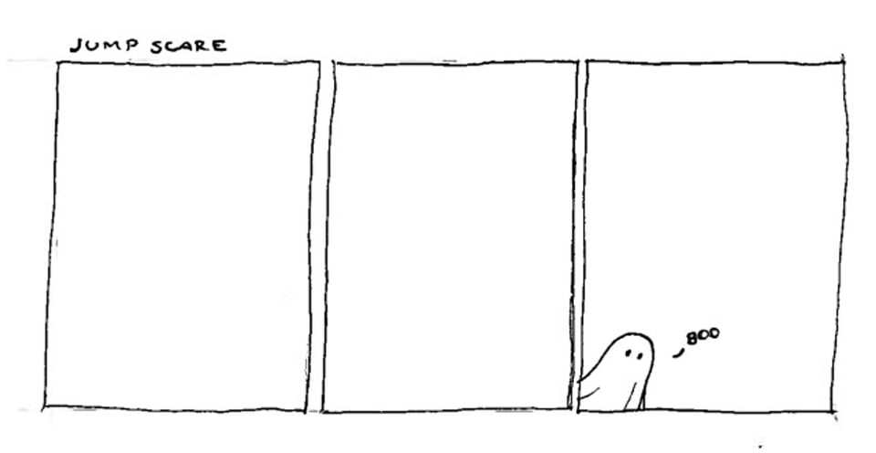 A three panel comic titled "jump scare". The first two panels are blank and in the third a ghost leans into the frame and says a tiny "Boo"
