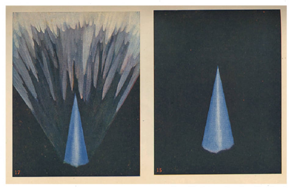 Two drawings, side-by-side. On the right hand side is a blue cone, with the pointy side, pointing upwards. It is on an entirely black background. On the left-hand side is a similar cone, on a similar black background, except in this case, there is what appears to be icicle formations coming in from the top and high sides of the picture, pointed downwards towards the cone.