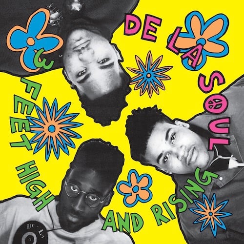 Black and white photos of three young Black men, arranged in a circle as if you are on the ground and they are looking down at you from above. The background is very bright yellow. There are hand drawn flower shapes in blue and orange arranged around them.