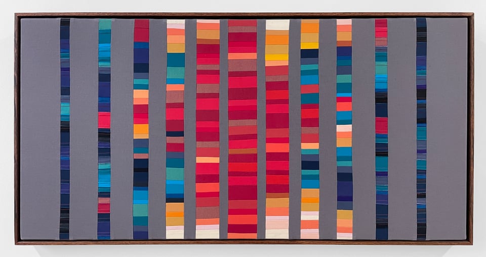 A bright and colorful artwork, primarily in reds, blues, and grays.