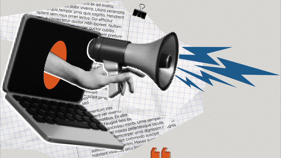 Image for the Summer Virtual Symposium. An abstract illustration of a hand reaching through the computer screen with a megaphone.