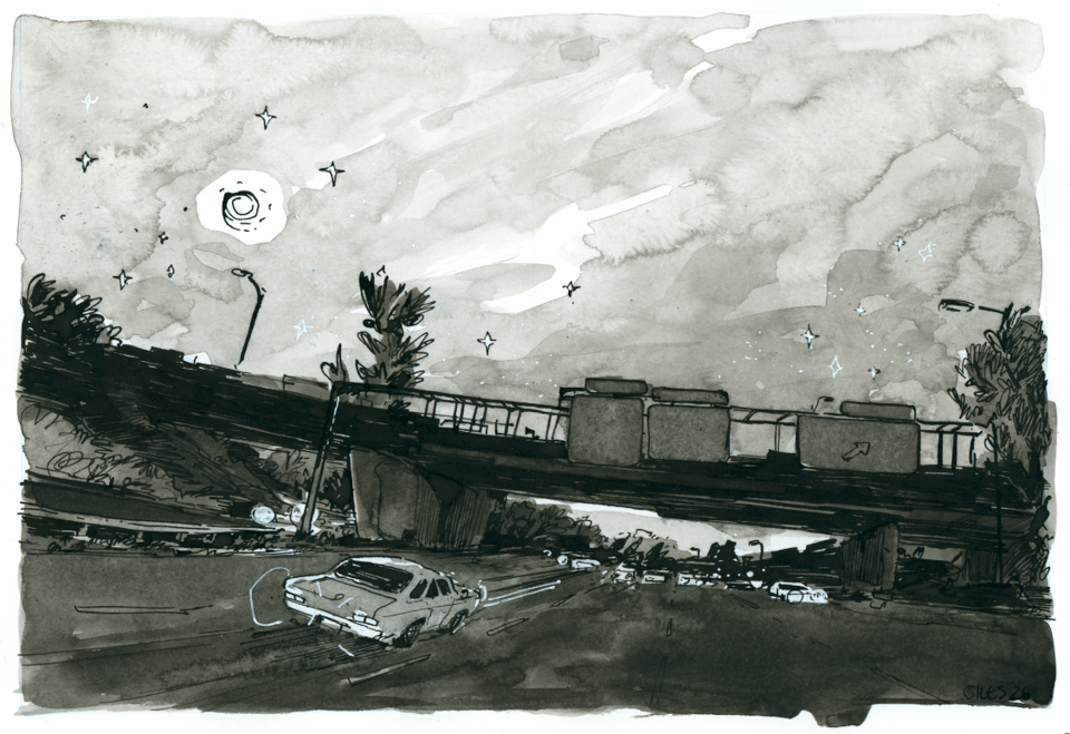 An inkwash drawing of a car on the New Jersey parkway at night.
