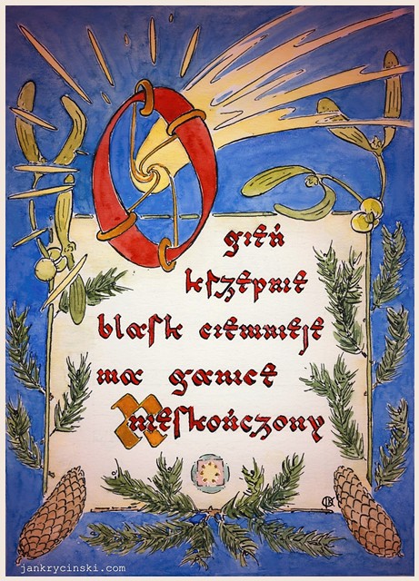 ostateczny wygląd kartki - w centrum napis „Ogień krzepnie blask ciemnieje ma granice Nieskończony”, dookoła roślinne akcenty świąteczne