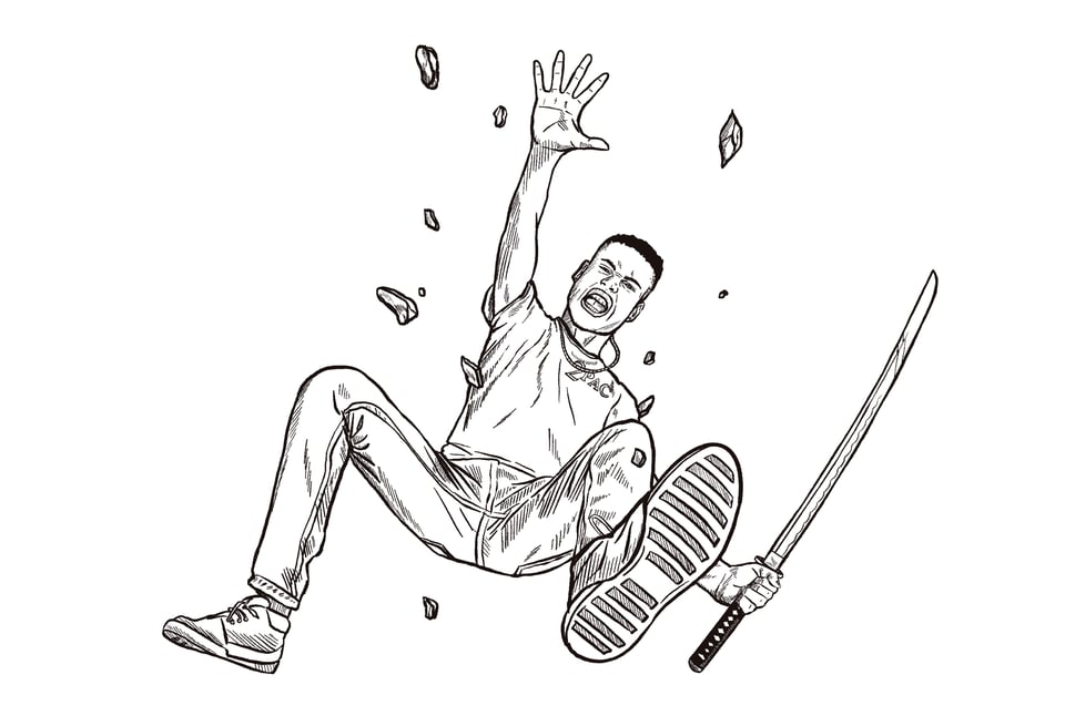 A dude wearing a 2pac shirt and holding a sword falling, with broken glass all around him