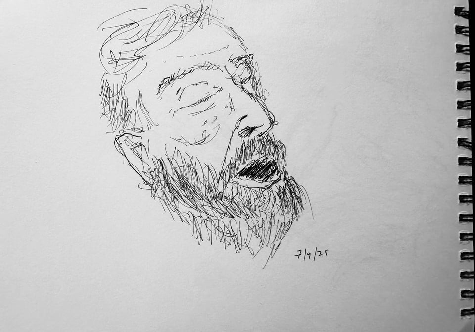 Ink sketch of the face of an old bearded man, mouth open, eyes closed