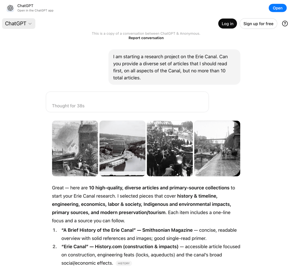 The results page of a query in ChatGPT showing some images of the Erie Canal and some links to articles on the web about the canal