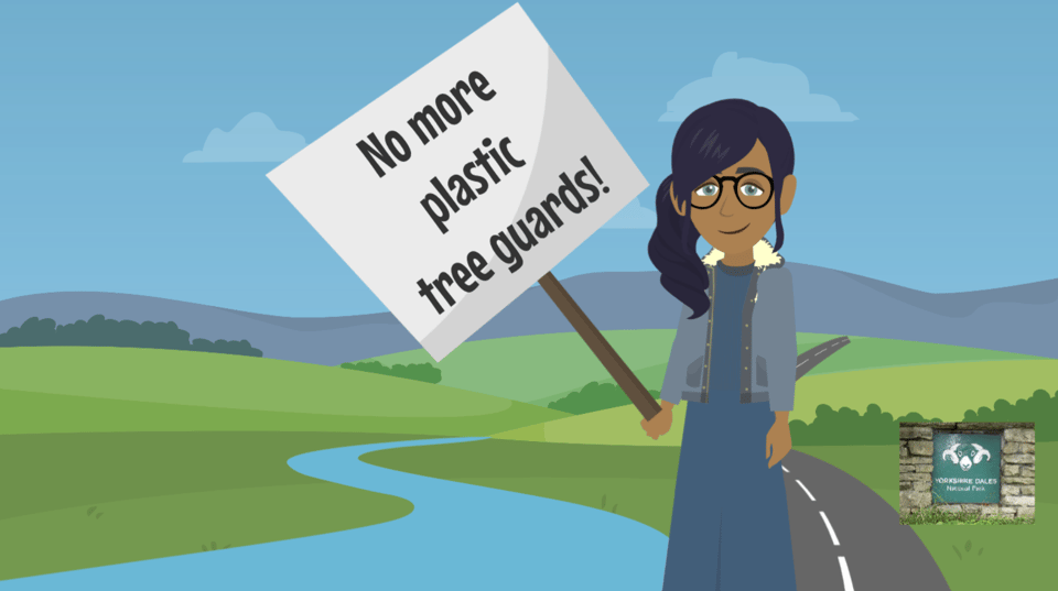 Amira, main character of the Countryside Pollution animation, stands in a green countryside landscape, holding a sign that says No More Plastic Tree Guards!