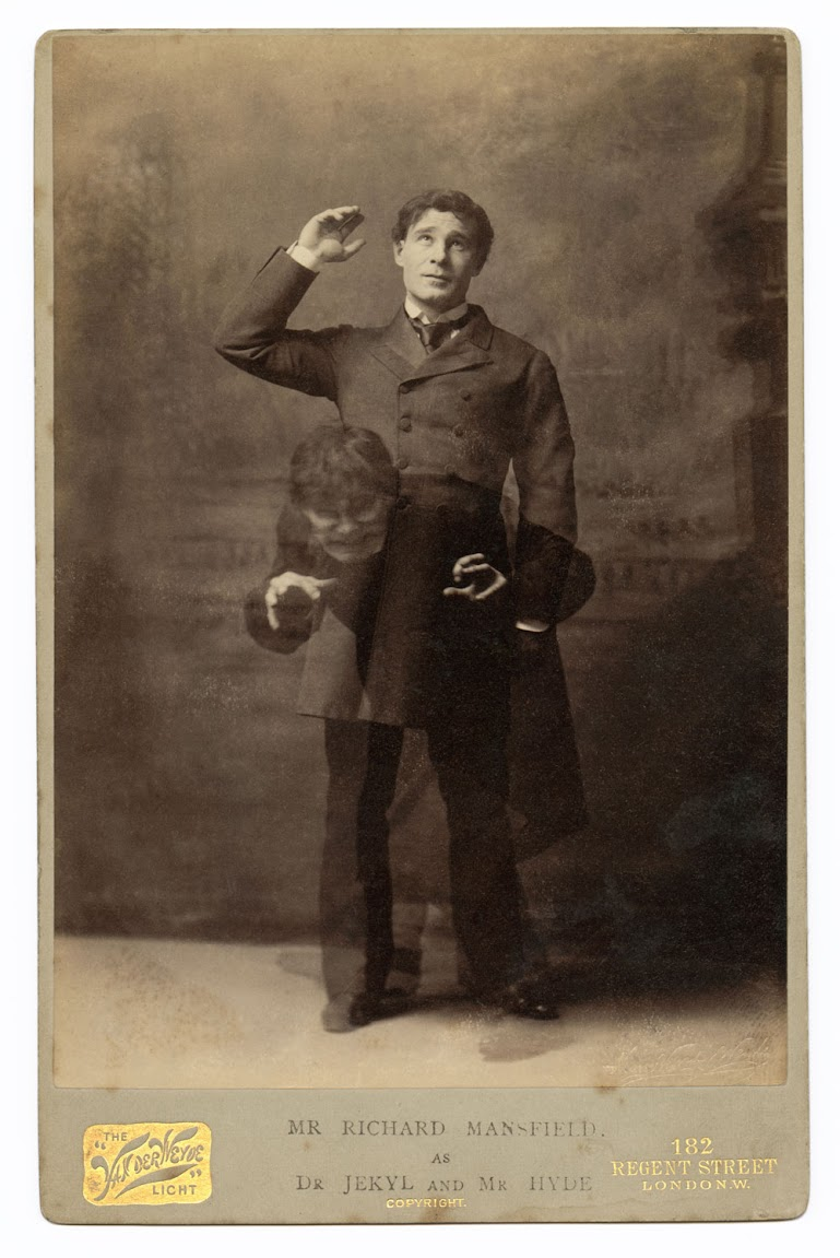 Mr Richard Mansfied, an actor in the 19th century, taking a photo of himself as both Hyde and Jekyll.